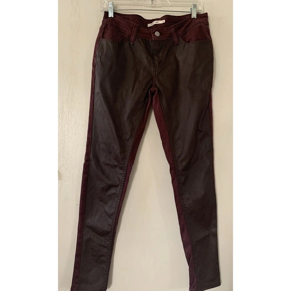 Levi's Jeans Sz 28 Women 535 Super Skinny Maroon Faux Leather Front Denim Pants